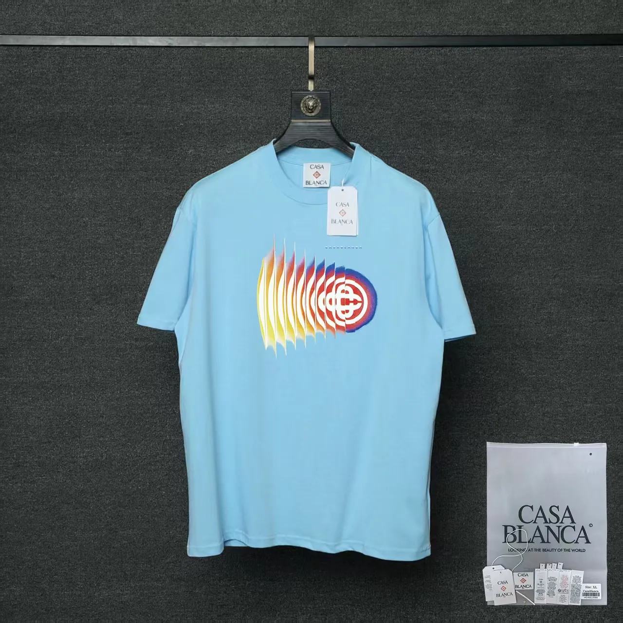 26ss CASABLANCA original printing process short-sleeved T-shirt original development using high-density double yarn pure cotton fabric upper body soft and comfortable color Black White Dark Green color Orange Pink Blue Royal Blue color cigarette powder 8 colors Sizes S M L XL